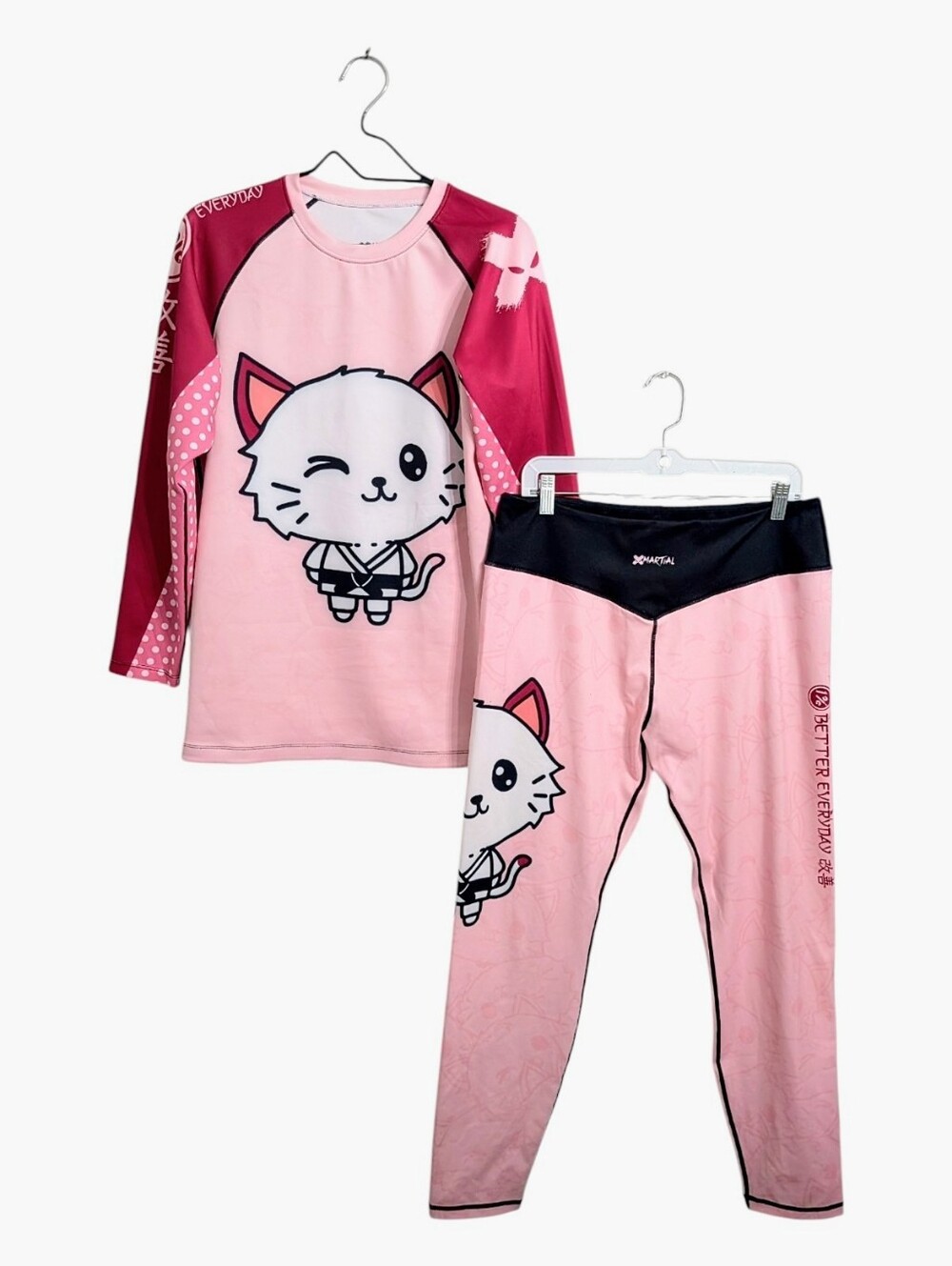 XMartial Cat Jitsu Women's BJJ Rash Guard Spats Size M/L Top Pants Jujitsu Anime